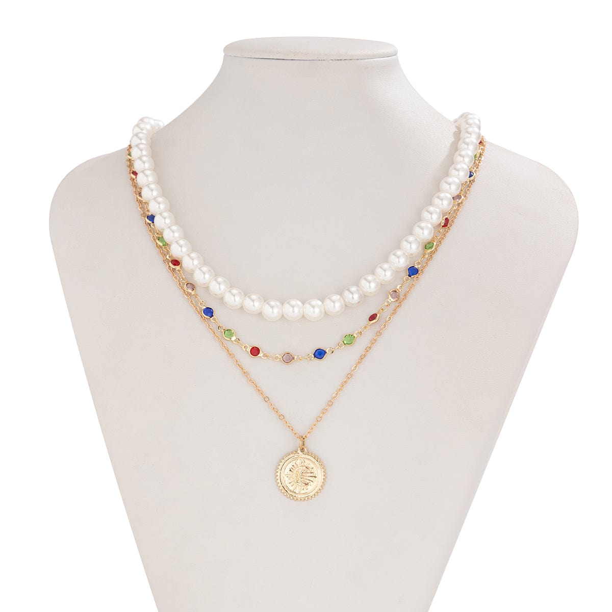 Chic Layered Relief Round Disk Pendant Crystal Pearl Chain Necklace Set - ArtGalleryZen