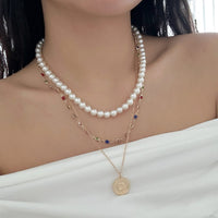 Thumbnail for Chic Layered Relief Round Disk Pendant Crystal Pearl Chain Necklace Set