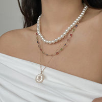 Thumbnail for Chic Layered Relief Round Disk Pendant Crystal Pearl Chain Necklace Set