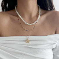 Thumbnail for Chic Layered Relief Round Disk Pendant Crystal Pearl Chain Necklace Set