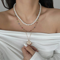 Thumbnail for Chic Layered Relief Round Disk Pendant Crystal Pearl Chain Necklace Set