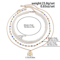 Thumbnail for Chic Layered Relief Round Disk Pendant Crystal Pearl Chain Necklace Set