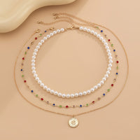 Thumbnail for Chic Layered Relief Round Disk Pendant Crystal Pearl Chain Necklace Set