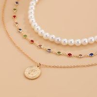 Thumbnail for Chic Layered Relief Round Disk Pendant Crystal Pearl Chain Necklace Set