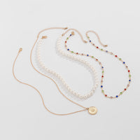 Thumbnail for Chic Layered Relief Round Disk Pendant Crystal Pearl Chain Necklace Set