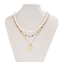 Thumbnail for Chic Layered Relief Round Disk Pendant Crystal Pearl Chain Necklace Set