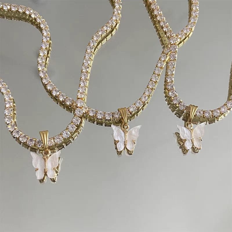 Chic Layered Rhinestone Inlaid Butterfly Initial Letter Pendant Choker Necklace Set - ArtGalleryZen