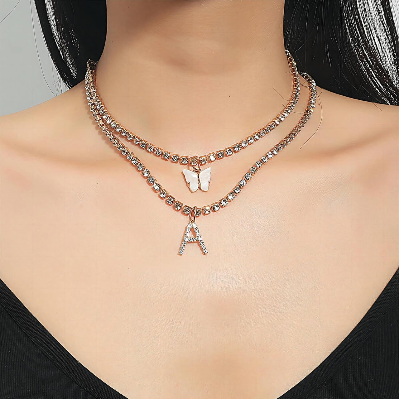 Chic Layered Rhinestone Inlaid Butterfly Initial Letter Pendant Choker Necklace Set - ArtGalleryZen