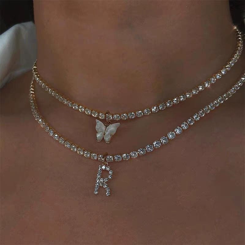 Chic Layered Rhinestone Inlaid Butterfly Initial Letter Pendant Choker Necklace Set - ArtGalleryZen
