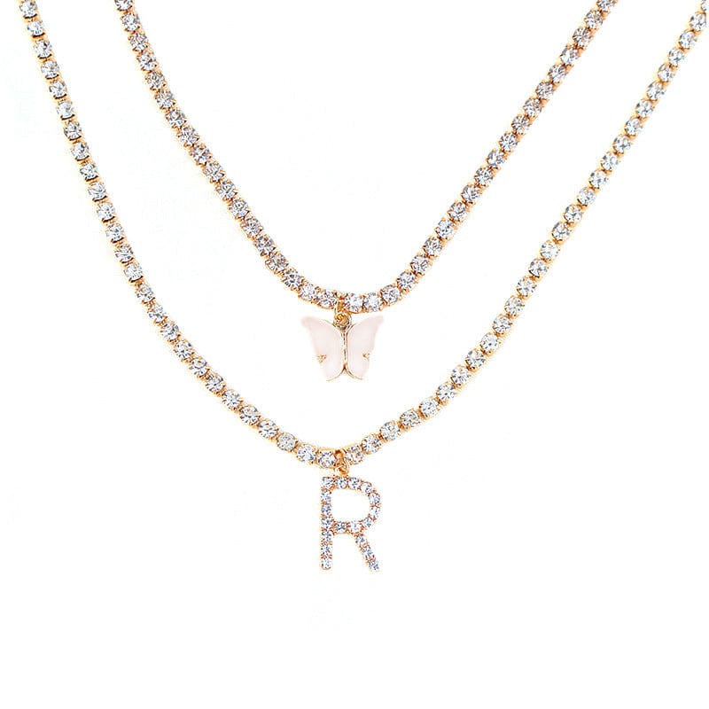 Chic Layered Rhinestone Inlaid Butterfly Initial Letter Pendant Choker Necklace Set - ArtGalleryZen