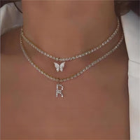 Thumbnail for Chic Layered Rhinestone Inlaid Butterfly Initial Letter Pendant Choker Necklace Set - ArtGalleryZen