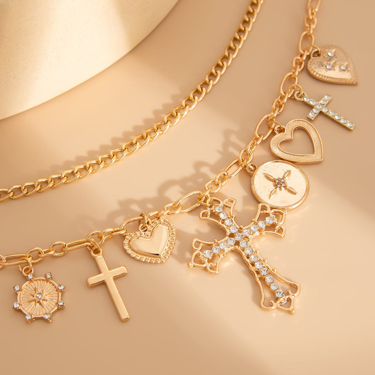 chic layered rhinestone inlaid cross heart pendant necklace-artgalleryzen