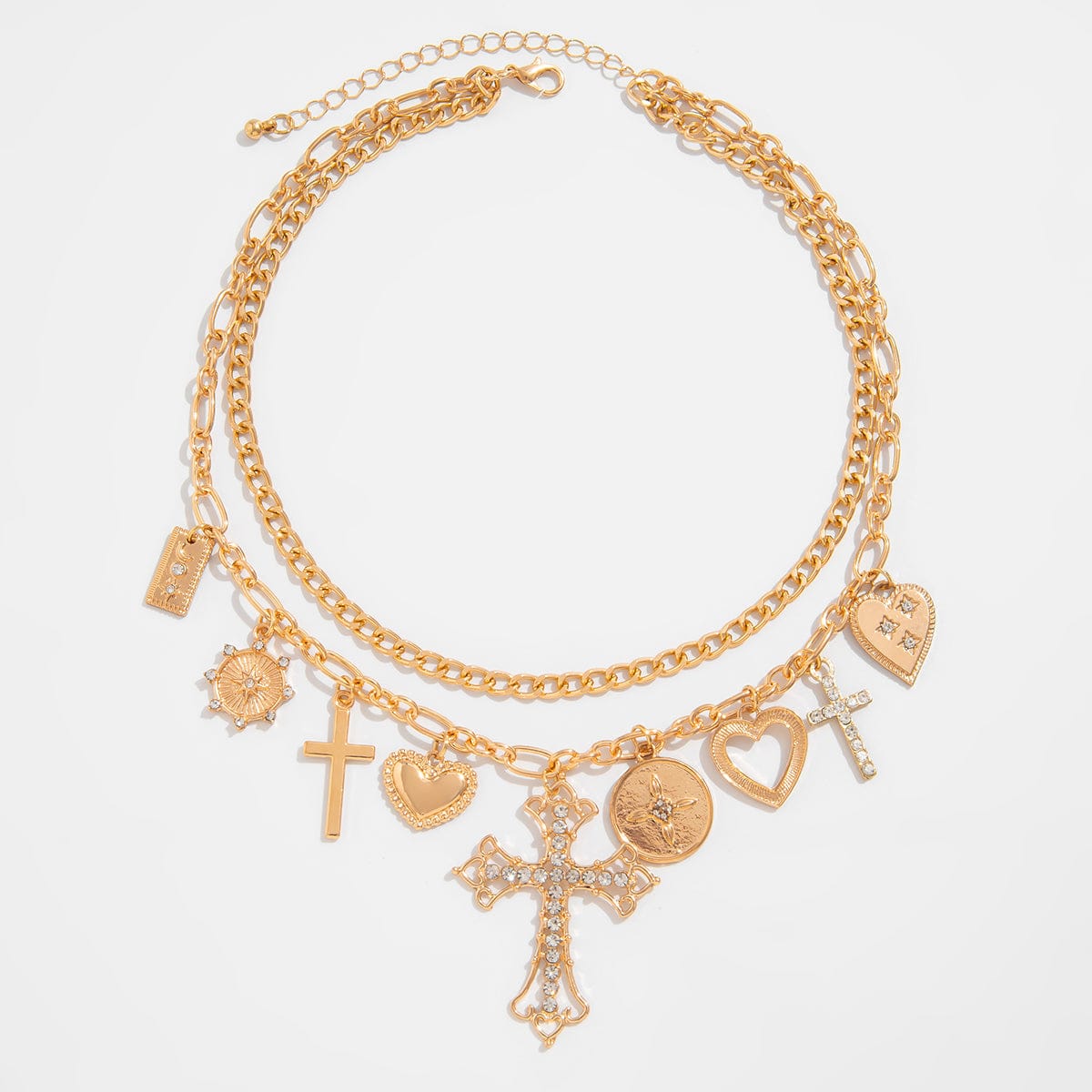 chic layered rhinestone inlaid cross heart pendant necklace-artgalleryzen