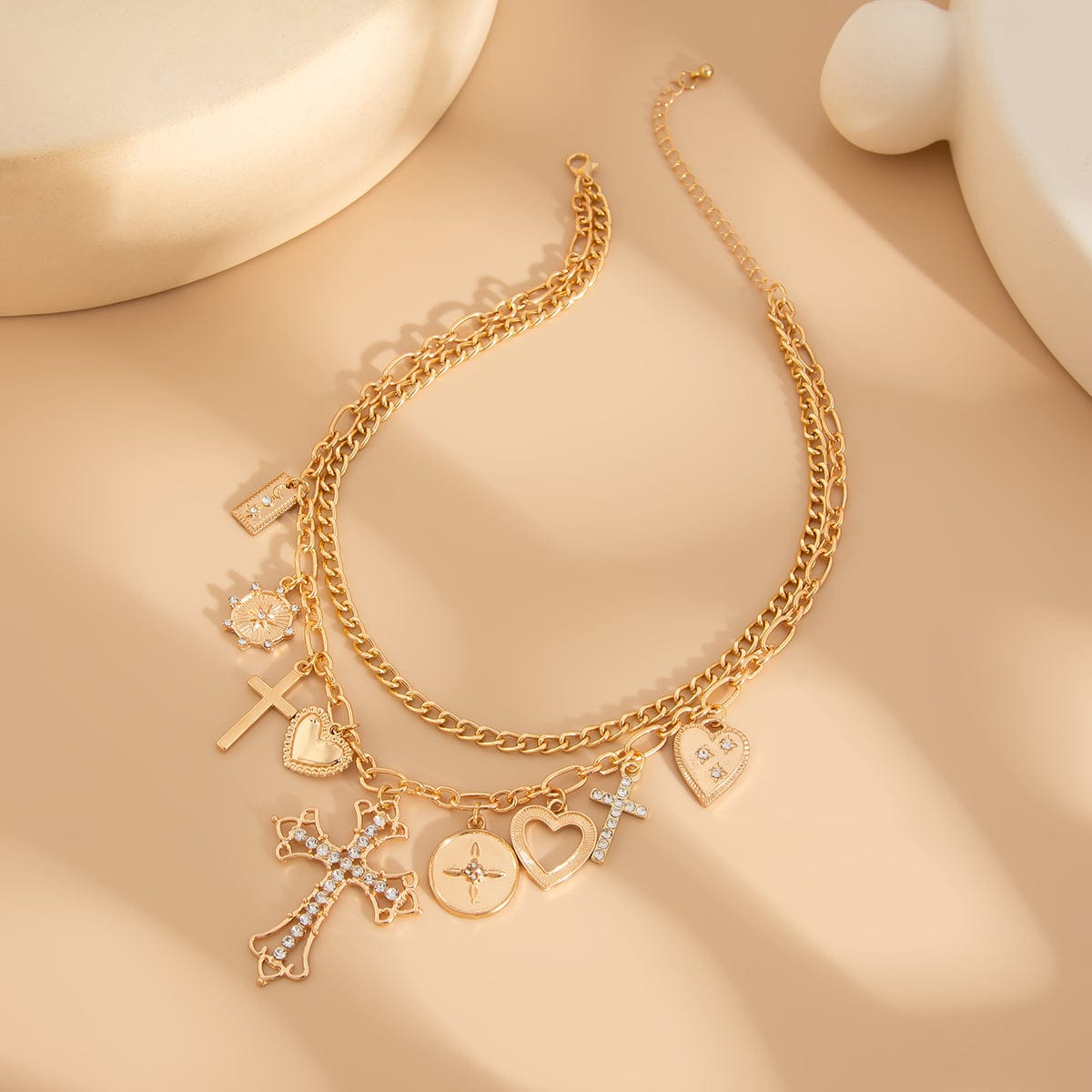 chic layered rhinestone inlaid cross heart pendant necklace-artgalleryzen