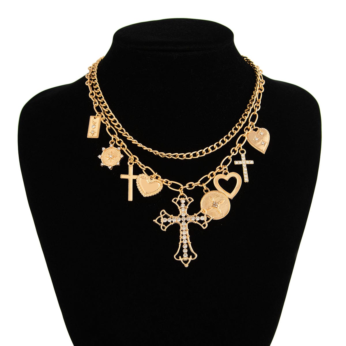 chic layered rhinestone inlaid cross heart pendant necklace-artgalleryzen