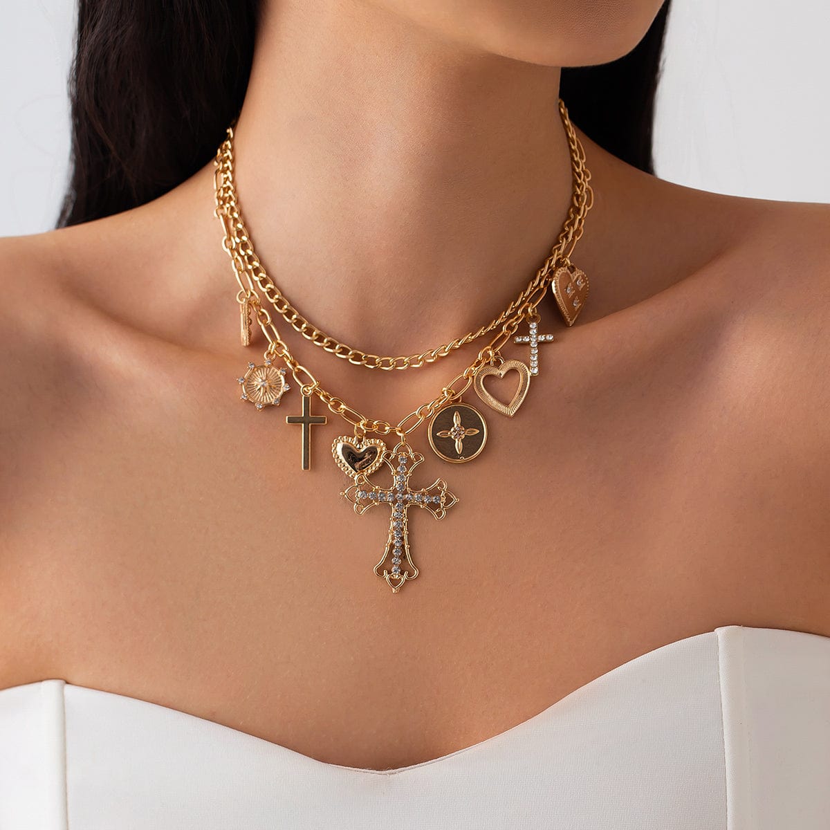 chic layered rhinestone inlaid cross heart pendant necklace-artgalleryzen