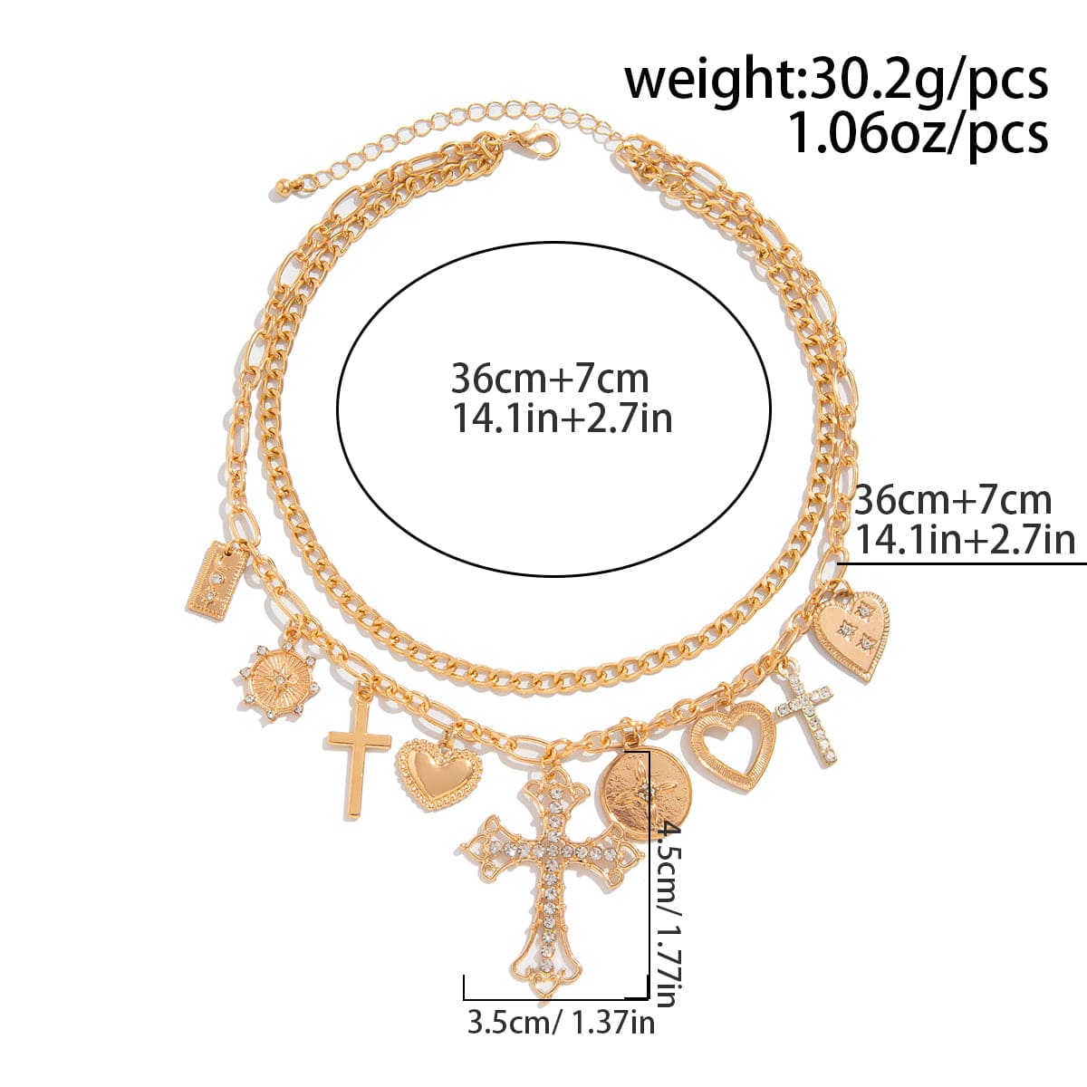 chic layered rhinestone inlaid cross heart pendant necklace-artgalleryzen