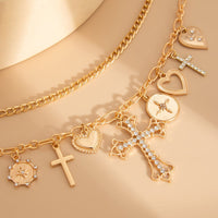 Thumbnail for Chic Layered Rhinestone Inlaid Cross Heart Pendant Necklace