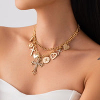 Thumbnail for Chic Layered Rhinestone Inlaid Cross Heart Pendant Necklace
