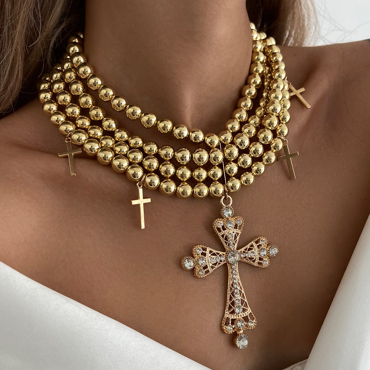 Chic Layered Rhinestone Inlaid Cross Pendant Ball Chain Necklace - ArtGalleryZen