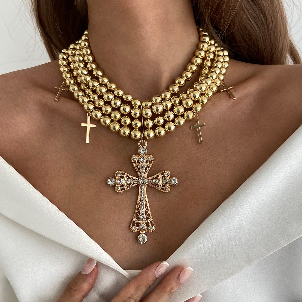 Chic Layered Rhinestone Inlaid Cross Pendant Ball Chain Necklace - ArtGalleryZen