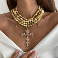 Thumbnail for Chic Layered Rhinestone Inlaid Cross Pendant Ball Chain Necklace - ArtGalleryZen