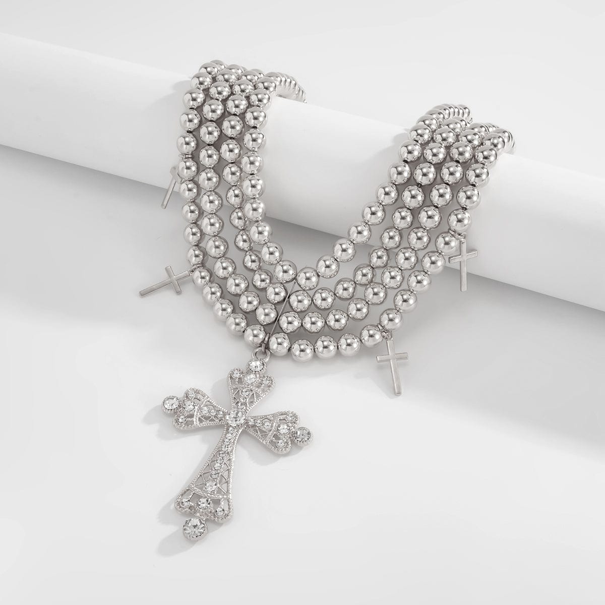 Chic Layered Rhinestone Inlaid Cross Pendant Ball Chain Necklace - ArtGalleryZen