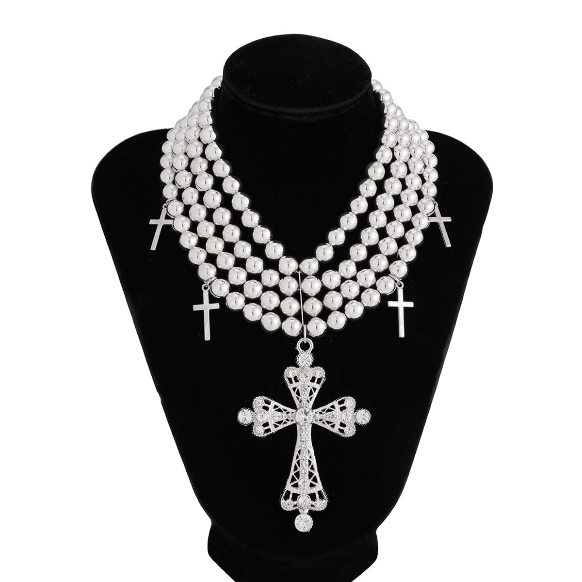 Chic Layered Rhinestone Inlaid Cross Pendant Ball Chain Necklace - ArtGalleryZen