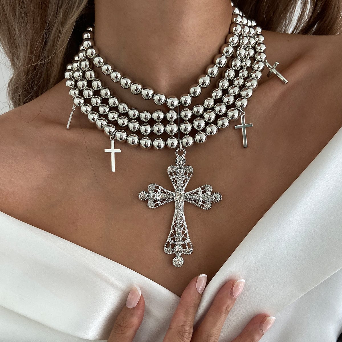 Chic Layered Rhinestone Inlaid Cross Pendant Ball Chain Necklace - ArtGalleryZen