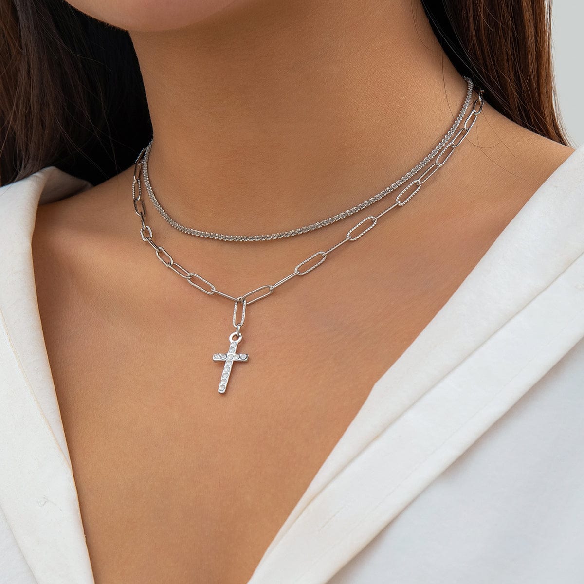 Chic Layered Rhinestone Inlaid Cross Pendant Cable Chain Necklace Set - ArtGalleryZen