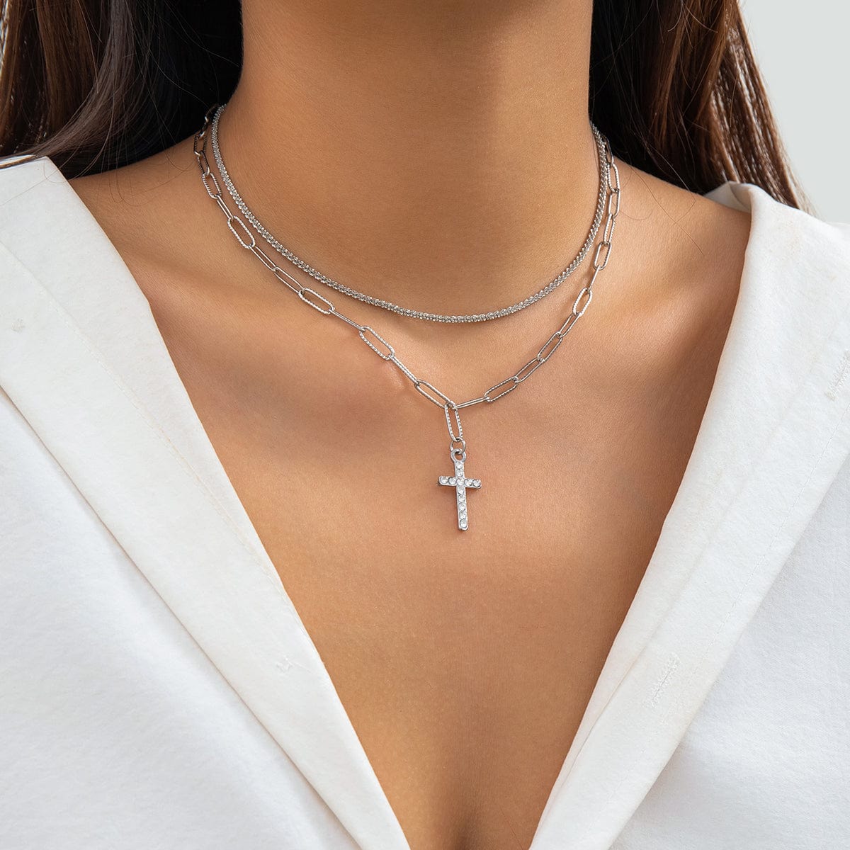 Chic Layered Rhinestone Inlaid Cross Pendant Cable Chain Necklace Set - ArtGalleryZen