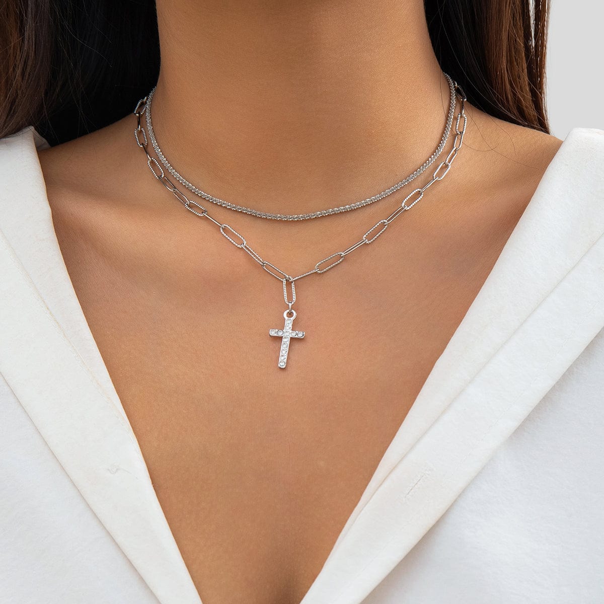 Chic Layered Rhinestone Inlaid Cross Pendant Cable Chain Necklace Set - ArtGalleryZen