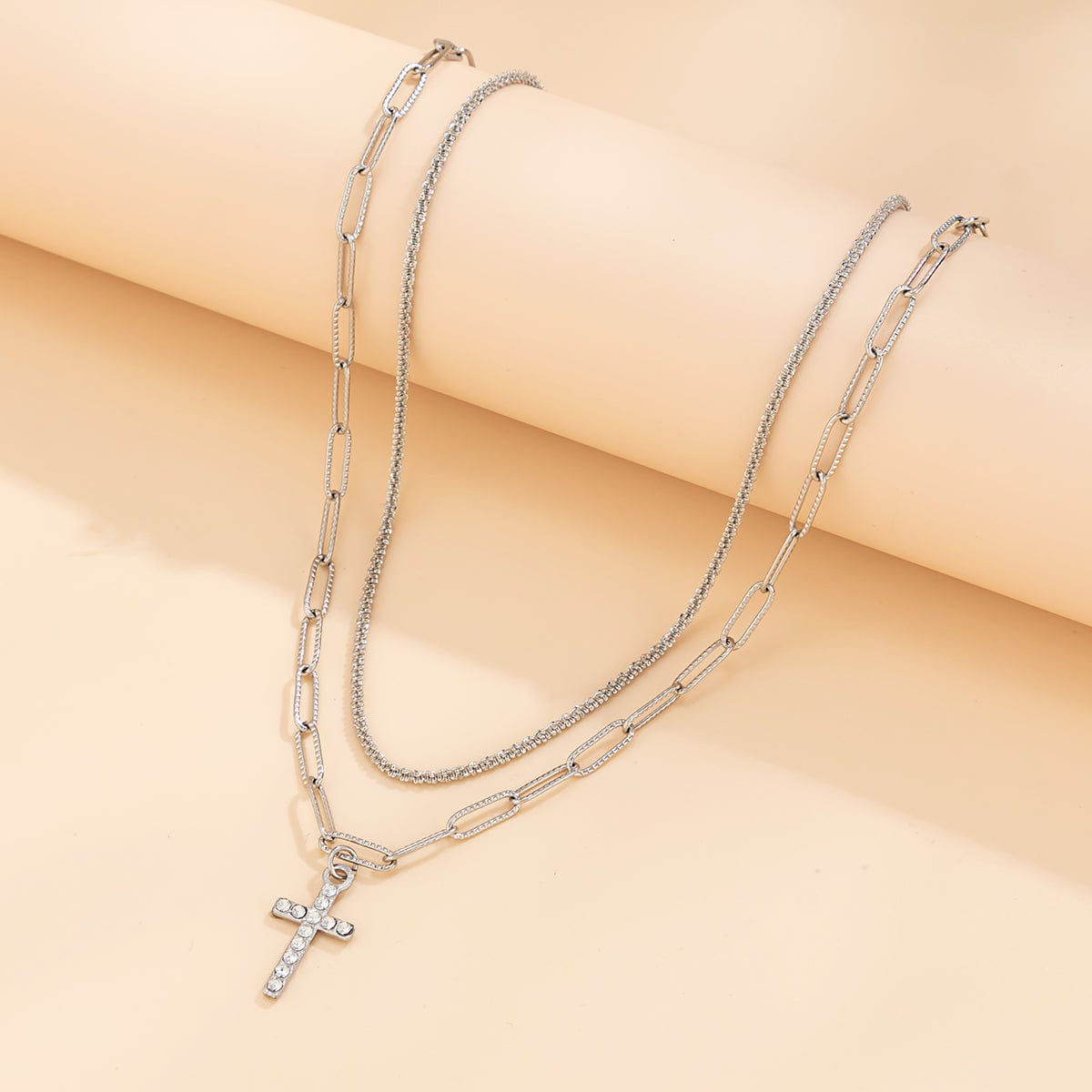 Chic Layered Rhinestone Inlaid Cross Pendant Cable Chain Necklace Set - ArtGalleryZen