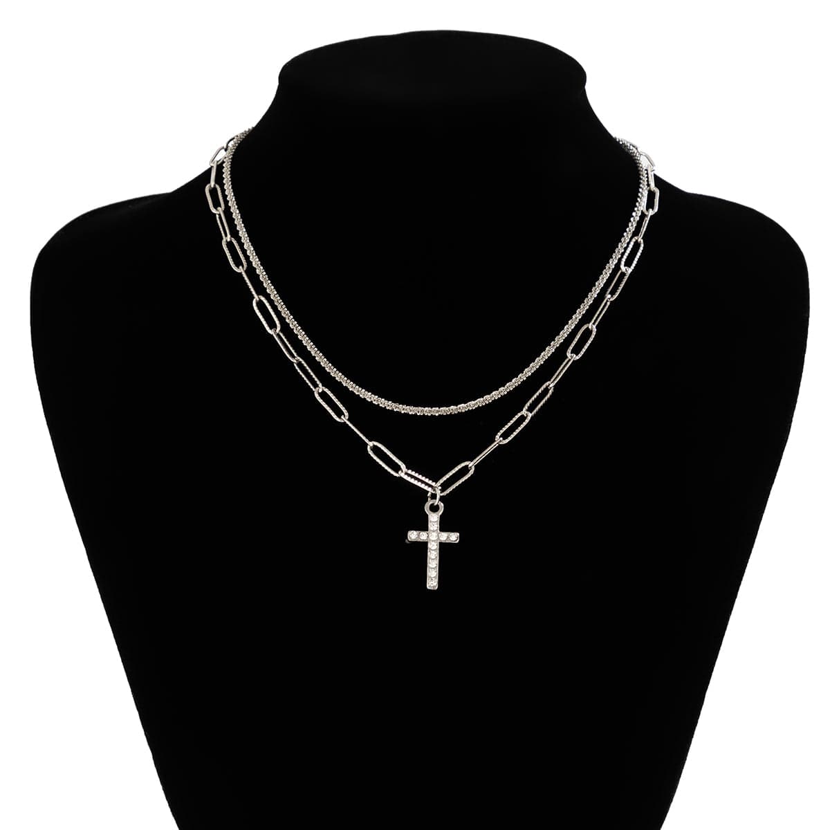 Chic Layered Rhinestone Inlaid Cross Pendant Cable Chain Necklace Set - ArtGalleryZen