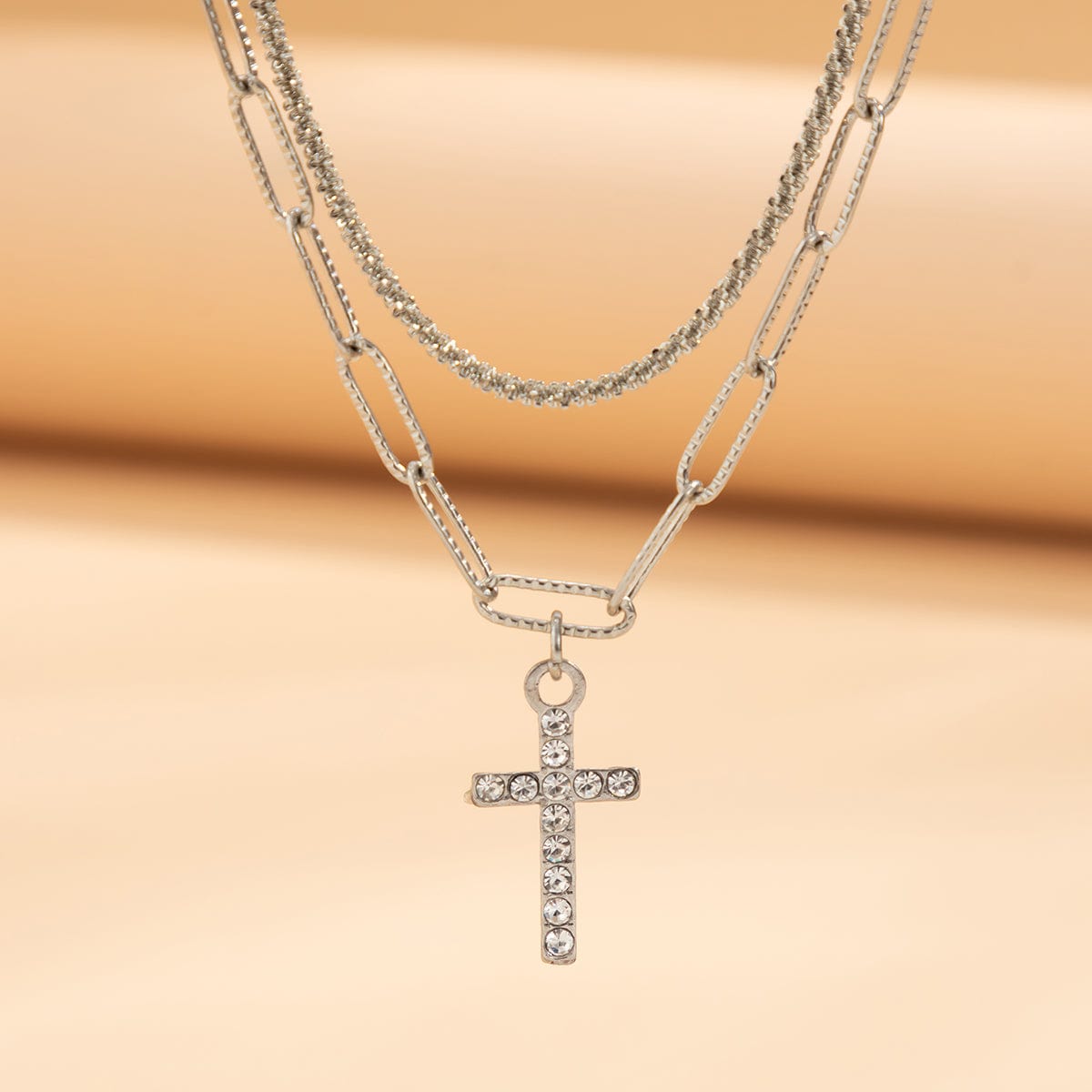 Chic Layered Rhinestone Inlaid Cross Pendant Cable Chain Necklace Set - ArtGalleryZen