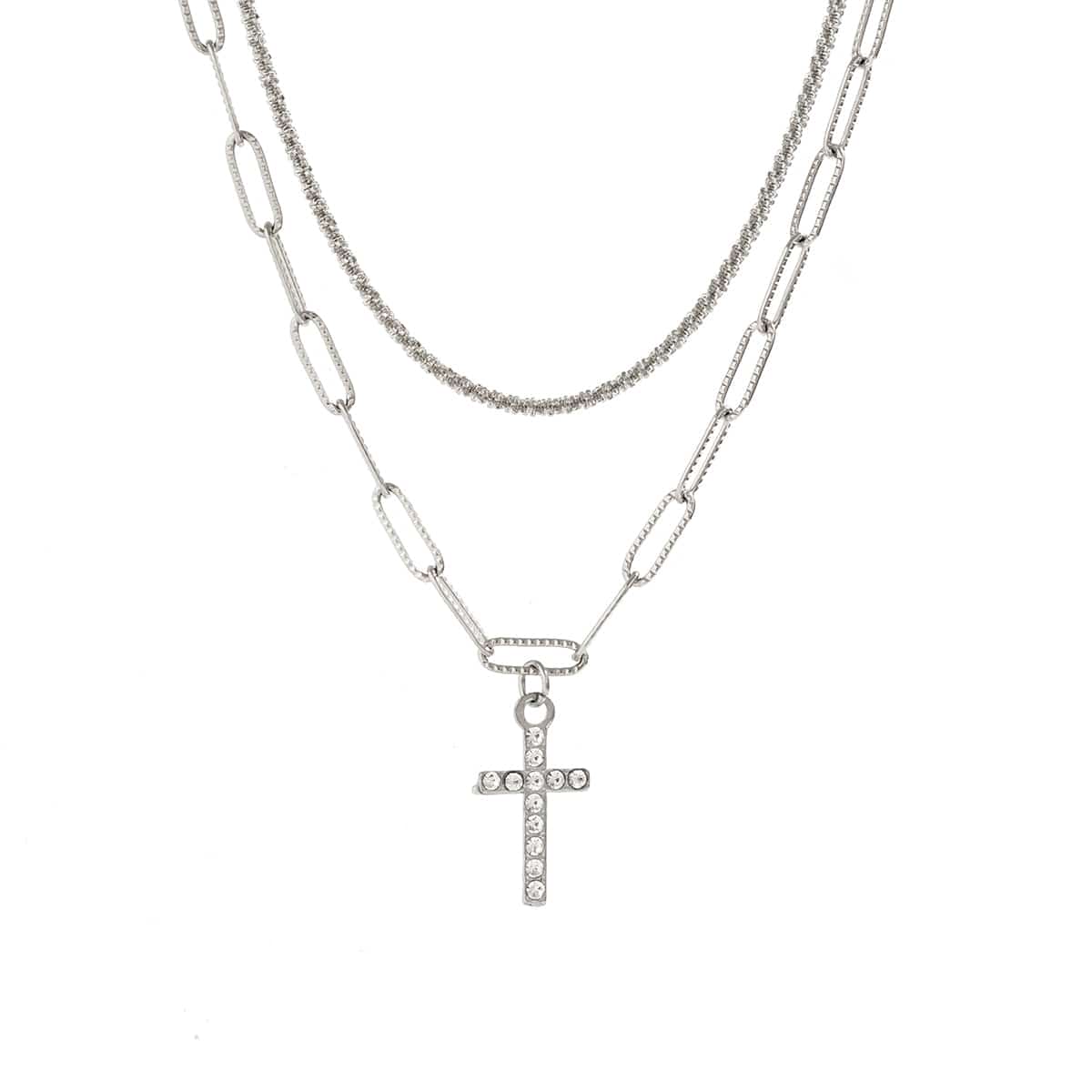 Chic Layered Rhinestone Inlaid Cross Pendant Cable Chain Necklace Set - ArtGalleryZen