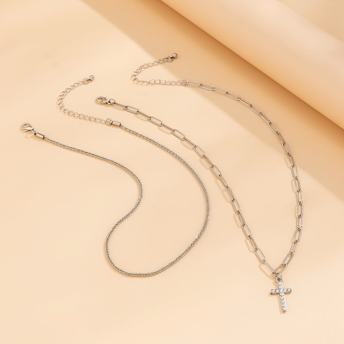 Chic Layered Rhinestone Inlaid Cross Pendant Cable Chain Necklace Set - ArtGalleryZen