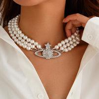 Thumbnail for Chic Layered Rhinestone Inlaid Saturn Charm Pearl Chain Choker Necklace - ArtGalleryZen