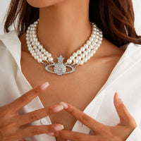 Thumbnail for Chic Layered Rhinestone Inlaid Saturn Charm Pearl Chain Choker Necklace - ArtGalleryZen