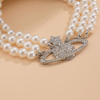 Thumbnail for Chic Layered Rhinestone Inlaid Saturn Charm Pearl Chain Choker Necklace - ArtGalleryZen