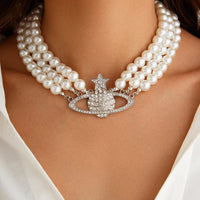 Thumbnail for Chic Layered Rhinestone Inlaid Saturn Charm Pearl Chain Choker Necklace