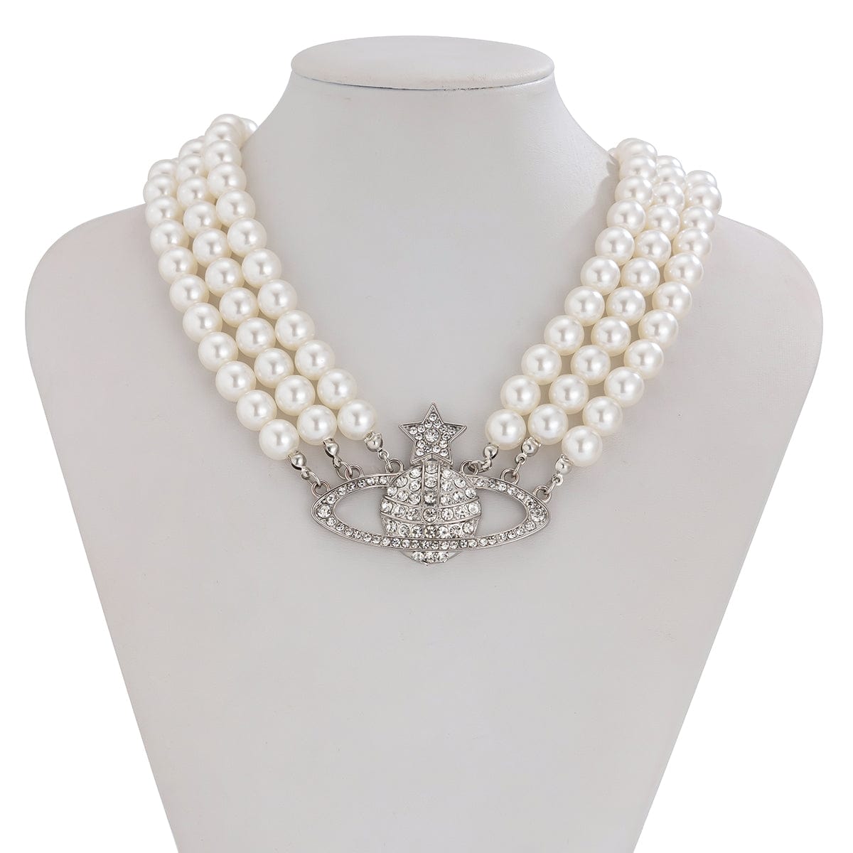 Chic Layered Rhinestone Inlaid Saturn Charm Pearl Chain Choker Necklace