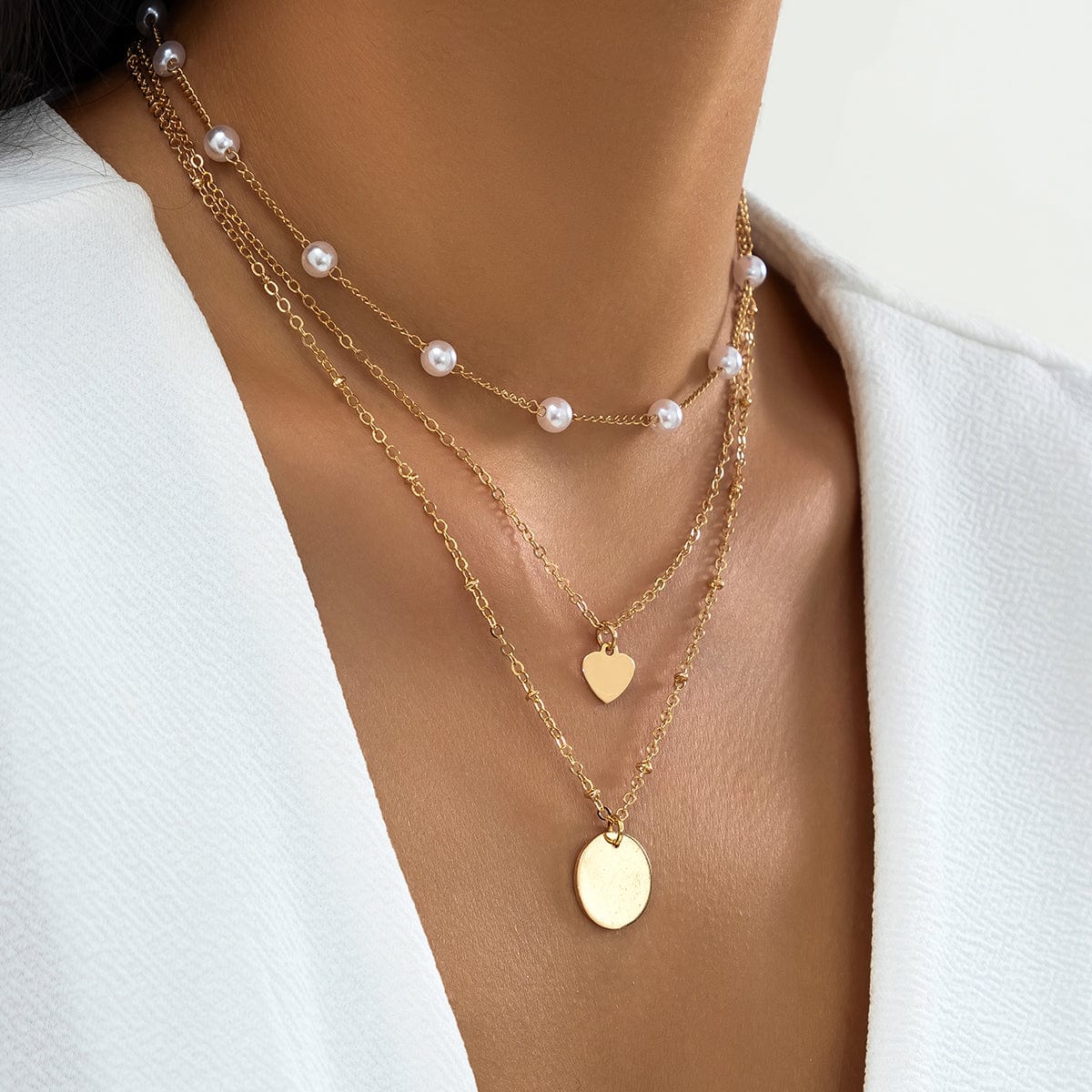 Chic Layered Round Disk Heart Pendant Pearl Chain Necklace Set - ArtGalleryZen