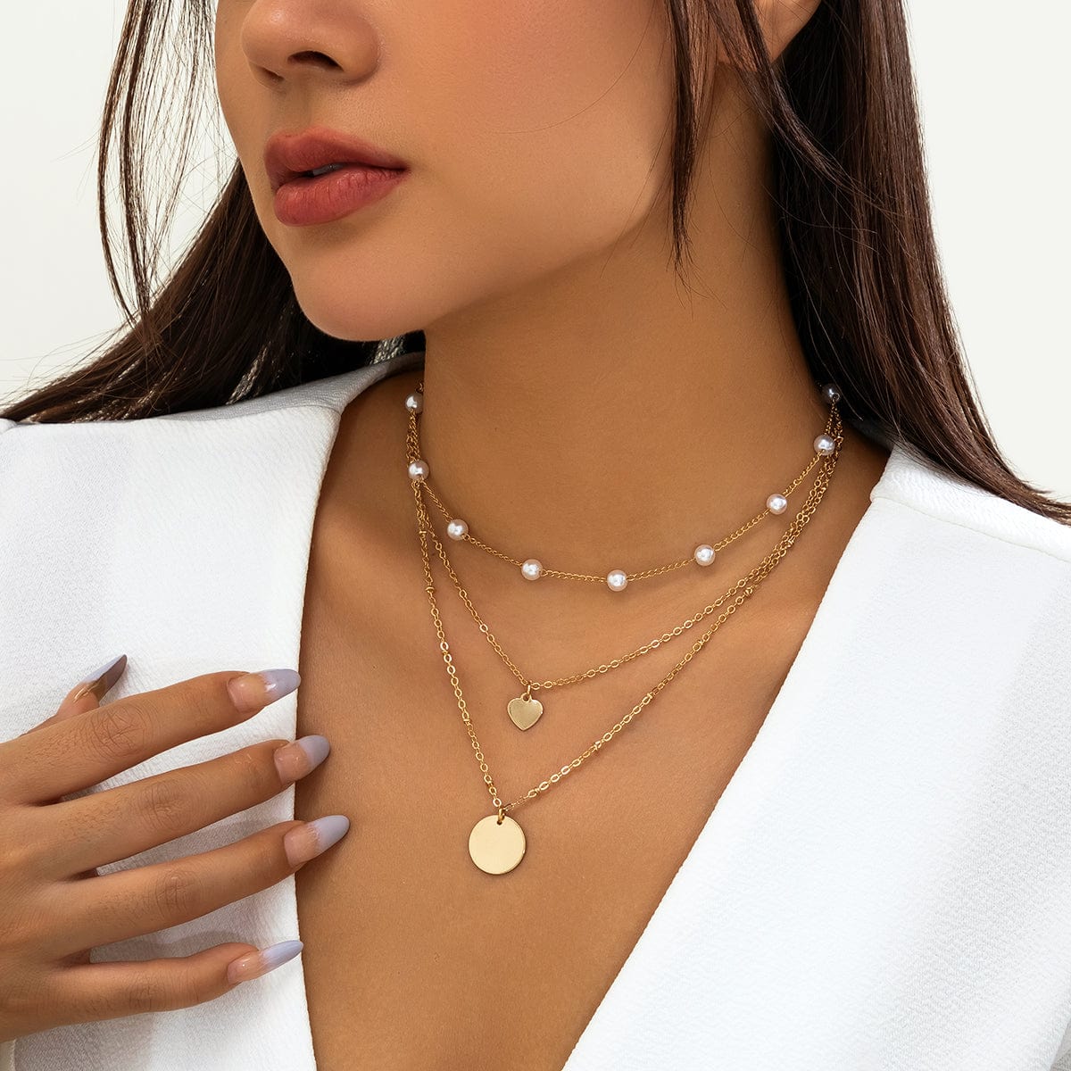 Chic Layered Round Disk Heart Pendant Pearl Chain Necklace Set - ArtGalleryZen