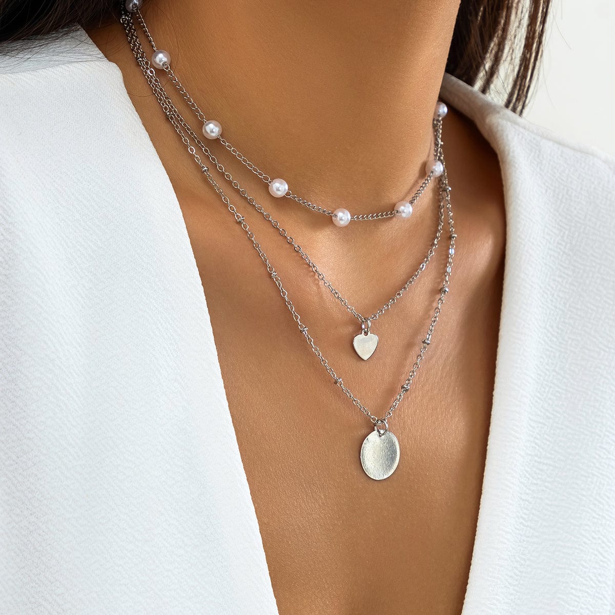 Chic Layered Round Disk Heart Pendant Pearl Chain Necklace Set - ArtGalleryZen