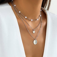 Thumbnail for Chic Layered Round Disk Heart Pendant Pearl Chain Necklace Set - ArtGalleryZen