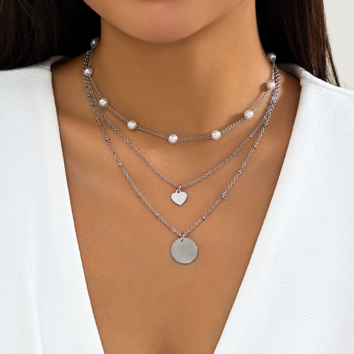 Chic Layered Round Disk Heart Pendant Pearl Chain Necklace Set - ArtGalleryZen