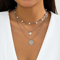 Thumbnail for Chic Layered Round Disk Heart Pendant Pearl Chain Necklace Set - ArtGalleryZen