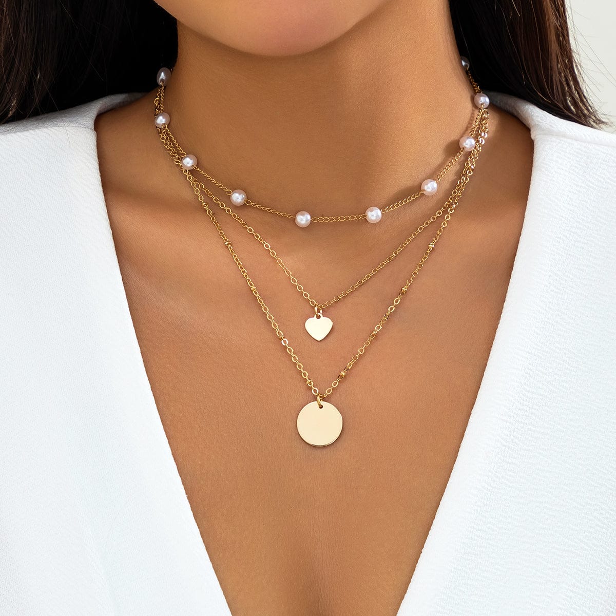 Chic Layered Round Disk Heart Pendant Pearl Chain Necklace Set - ArtGalleryZen