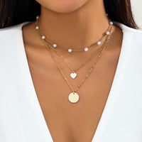 Thumbnail for Chic Layered Round Disk Heart Pendant Pearl Chain Necklace Set - ArtGalleryZen